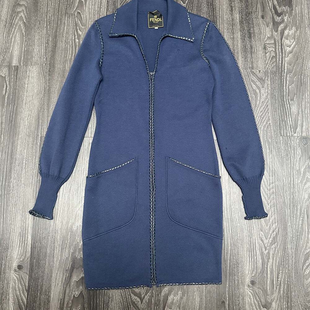 Fendi Blue Extra Fine Merino Wool Zip Front Sweater Dress, Size 40 (Medium)